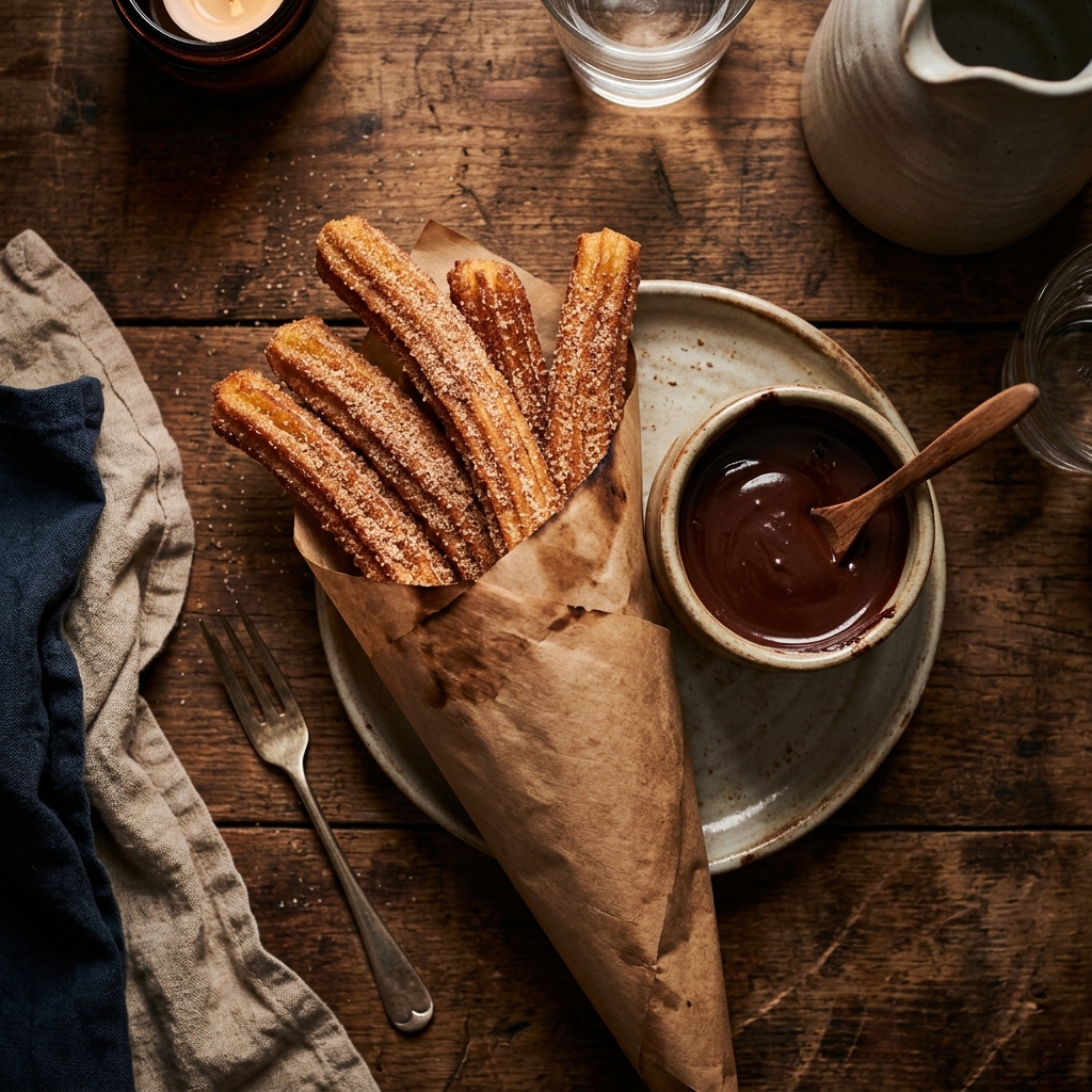 Spanish churros with chocolate dipping sauce